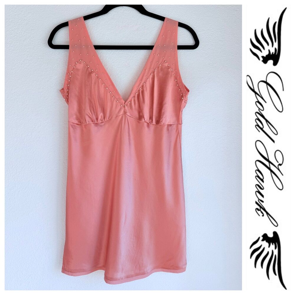 NEW Gold Hawk 100% Silk Sheer Illusion VNeck Pearl Embellished Top in Coral Pink